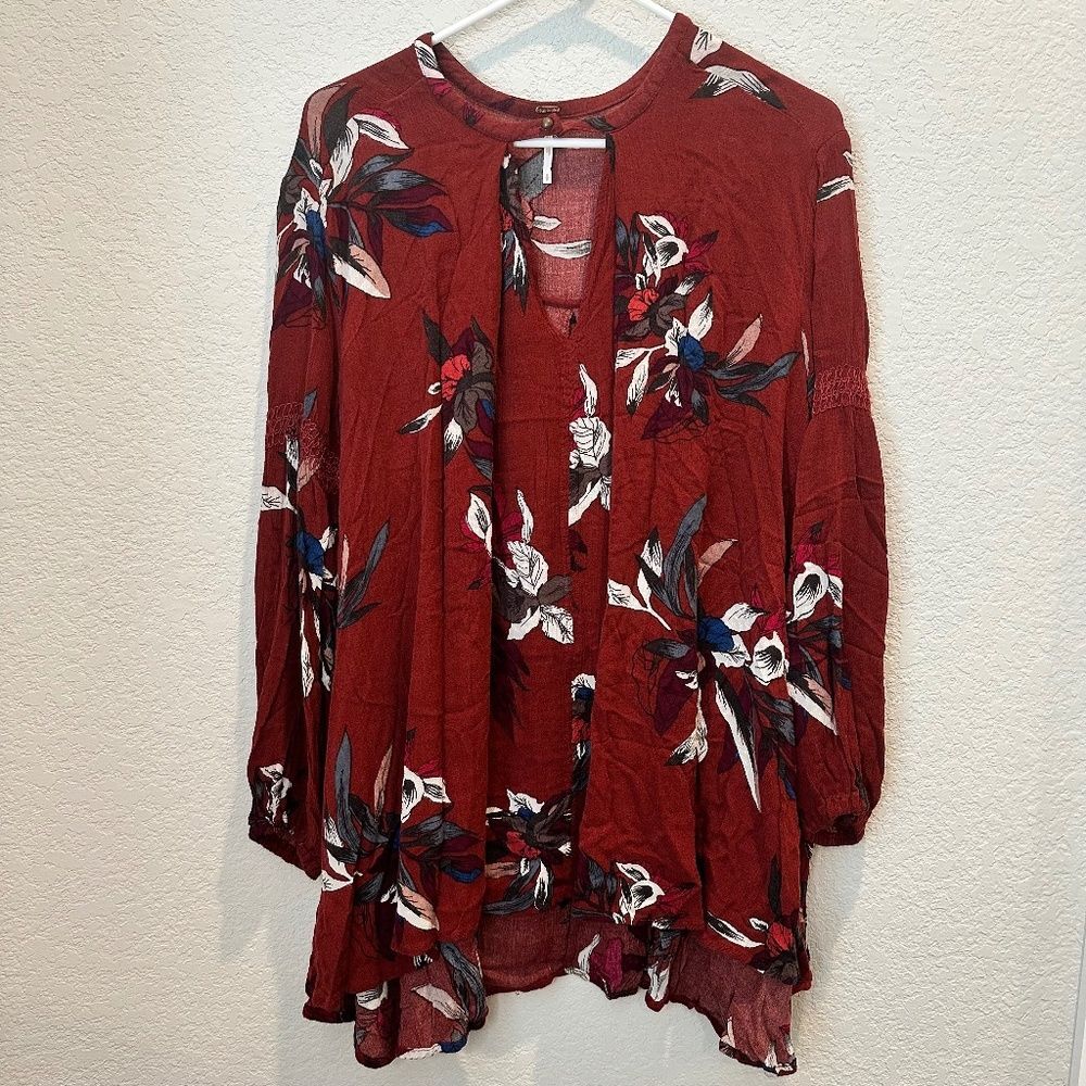Free People Red Floral Oversized Long Sleeve Tunic Blouse - Size Small - EUC